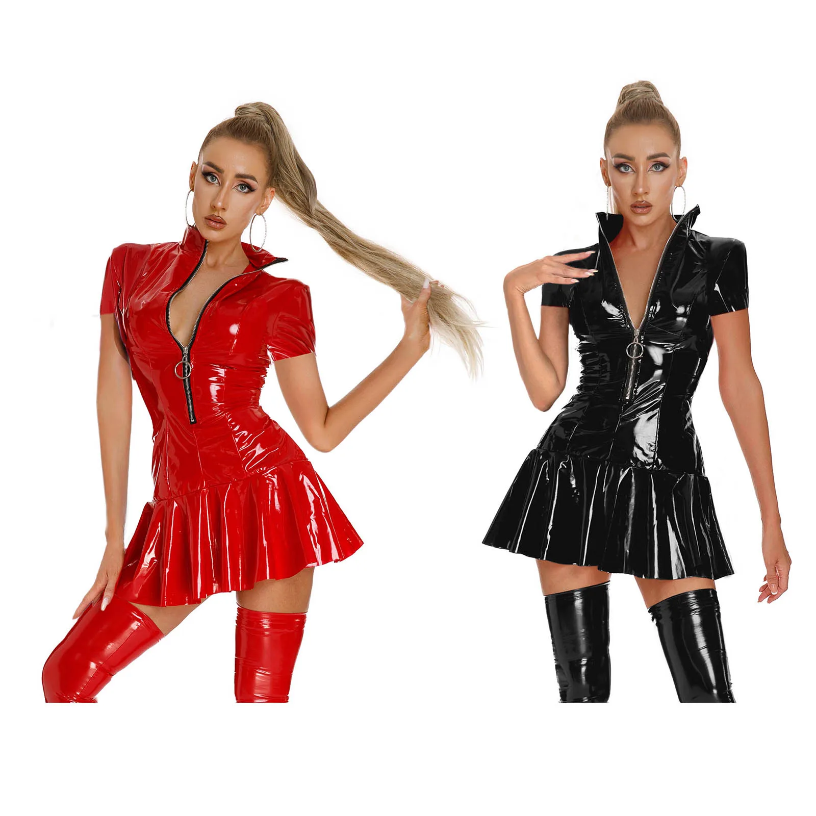 Women\'s PVC Patent Leather Sleeveless Front Zipper Mini Dress Clubwear Pleated A-line Dress Party Cocktail Stage Performance