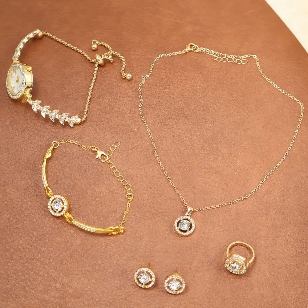 Round Diamond Fish Tail Women's Watch Five Piece Set Bracelet Watch Ring Necklace Earrings Luxury Girl Gift Set