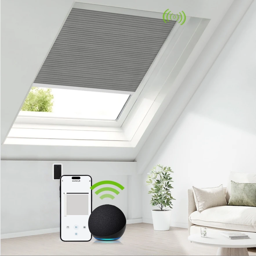 Thermal Insulated Easy Install Smart Remote Control Motorized Skylight Honeycomb Blinds For High Window