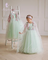 Green Applique Flower Girl Dress For Wedding Puffy Tulle Sleeveless Luxury Princess Elegant Kids Party First Communion Ball Gown