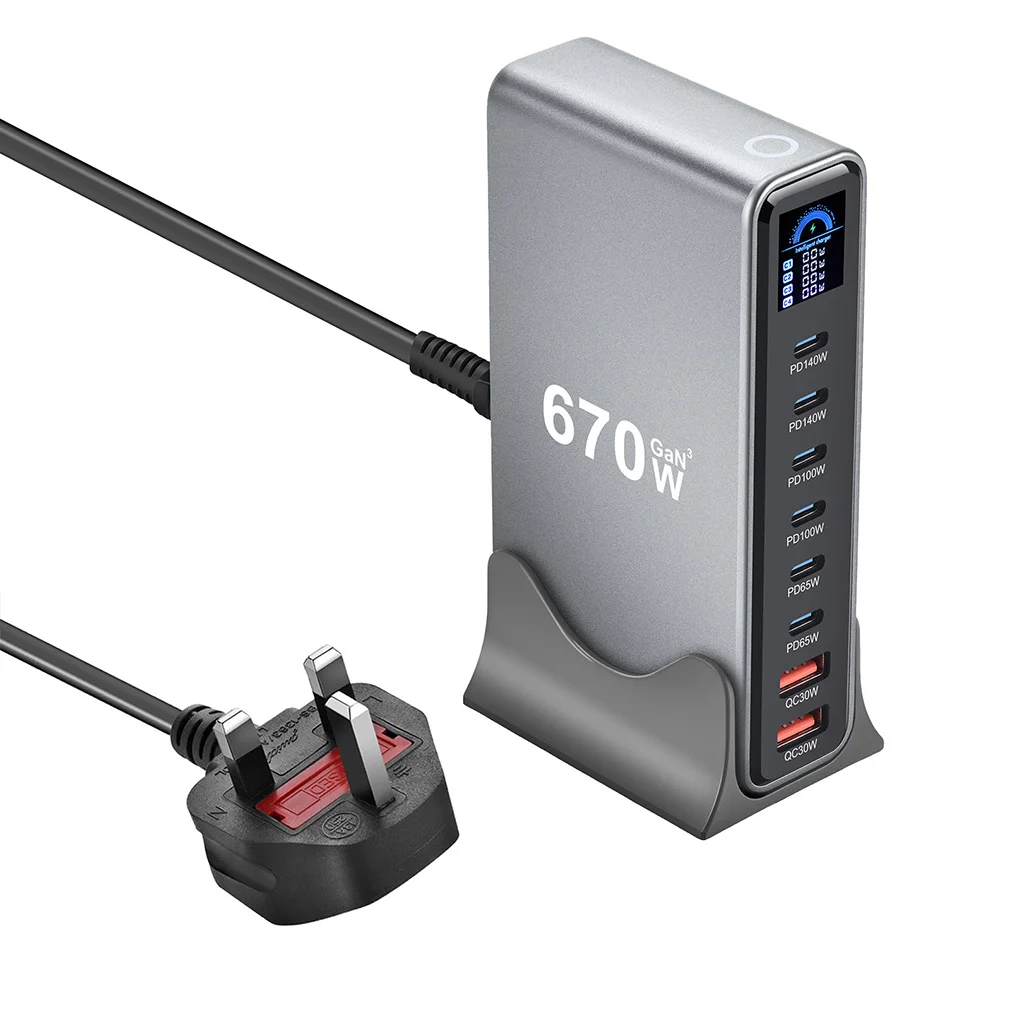 Hot 670W/540W GaN Desktop Charging Station With TFT Digital Display 8-Port Fast Charger Hub for Phones Tablet Type CDropshipping