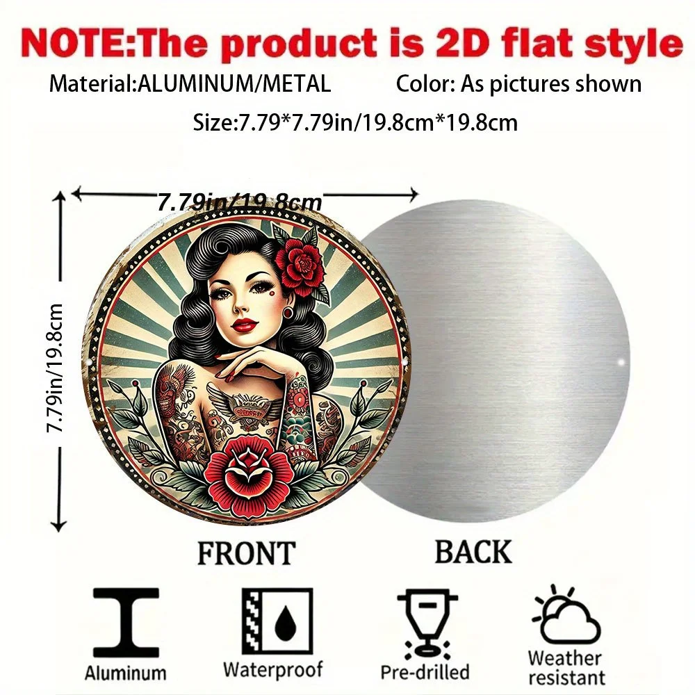 Vintage Tattoo Lady Metal Wall Art -Round Retro Pin-Up with Traditional Tattoo Designs, Durable Aluminum Sign for Tattoo Studio