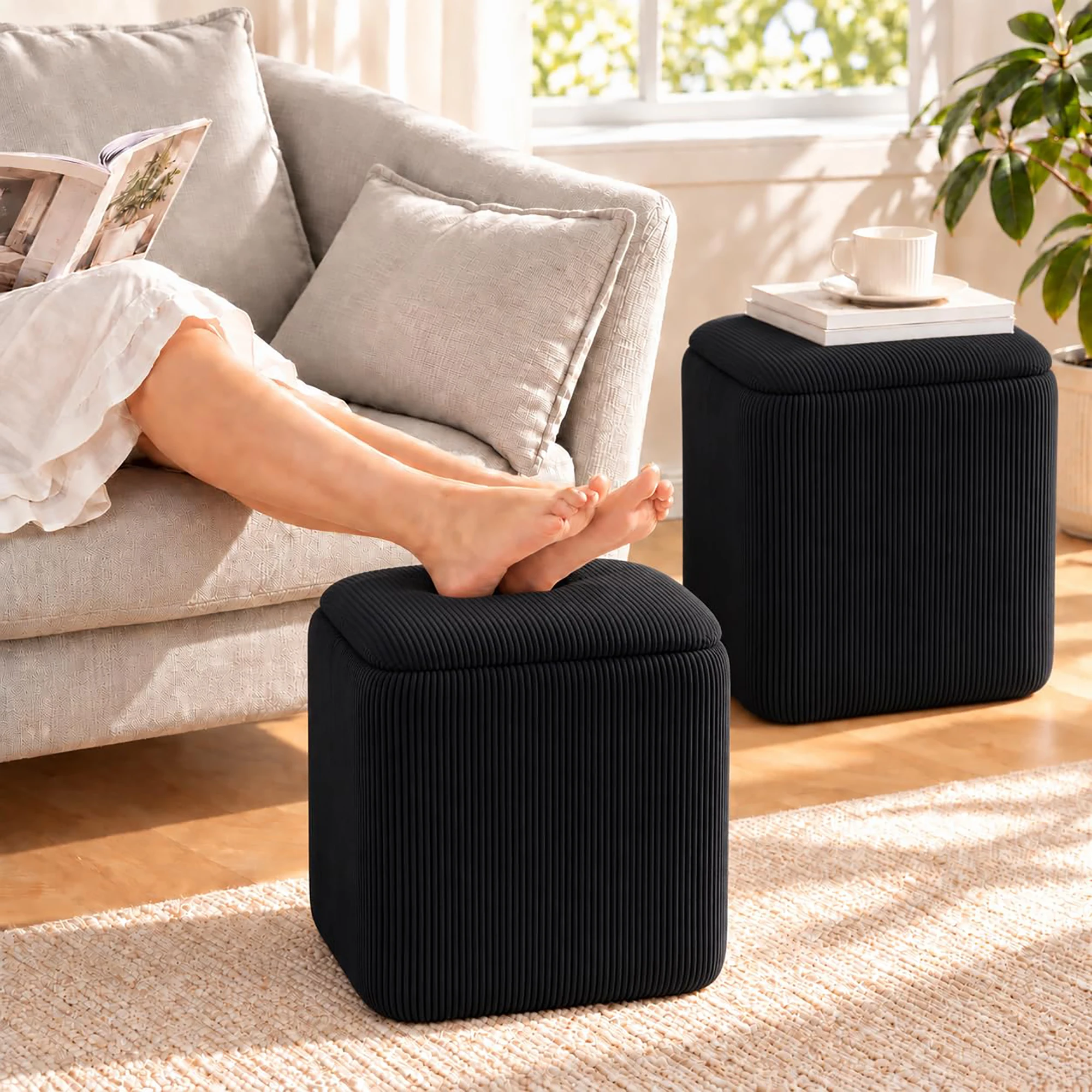 Set Of 2 Velvet Storage Ottomans, Square Nesting Vanity Stool Footrest With Hidden Storage, Reversible Tray Top For Bedroom Living Room
