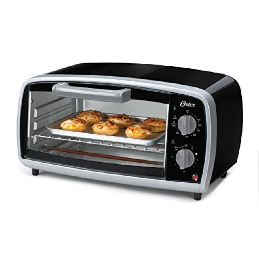 

4-Slice Toaster Oven Black Stainless Steel Interior Rapid Heating Even Browning Compact Design for Kitchen Countertop Use