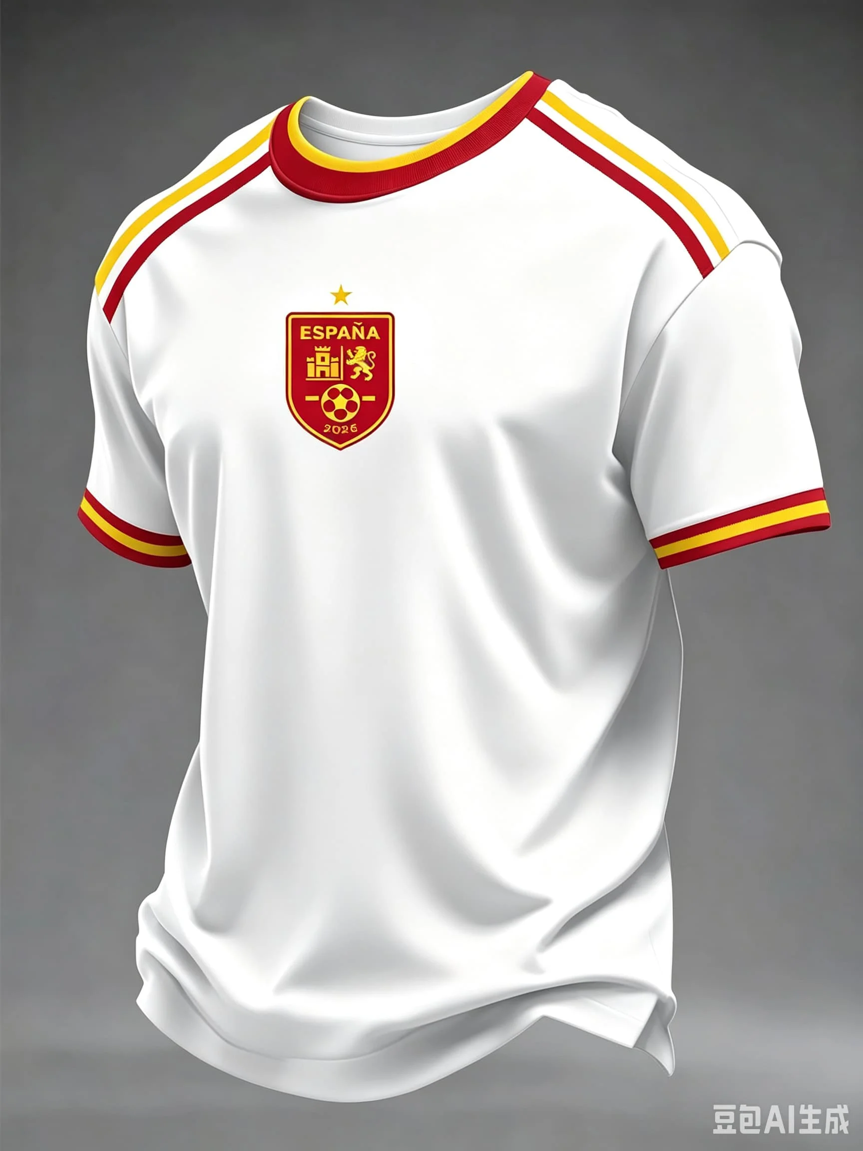 Nueva Camiseta de Fútbol Casual para Hombre, Selección Española, Visitante, Base Crema, Franja Roja y Dorada en el Hombro, Insignia de Corona, Manga Corta