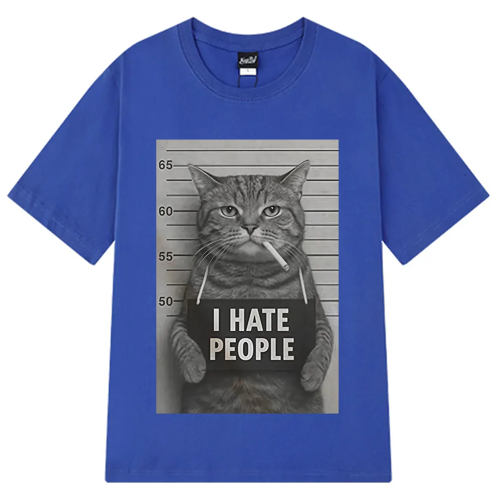 I Hate People Meow Print T-shirt Fun Cat Print T-shirt Children's Casual Sitting Short-Sleeved Parent-Child Clothes