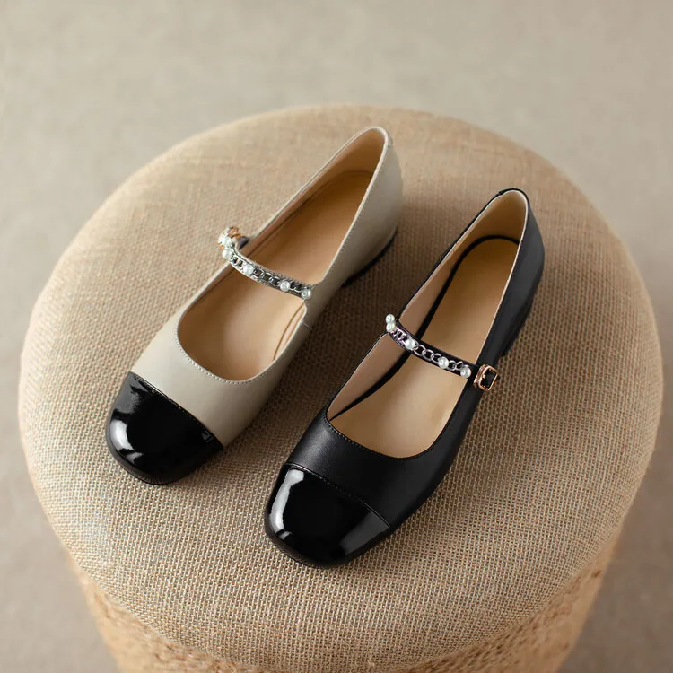 2023 New Colored Flat Shoes Round Toe Women's Single Shoes Pearl Chain Buckle Shallow Cut Leather Shoes Cowhide Mary Jane Shoes