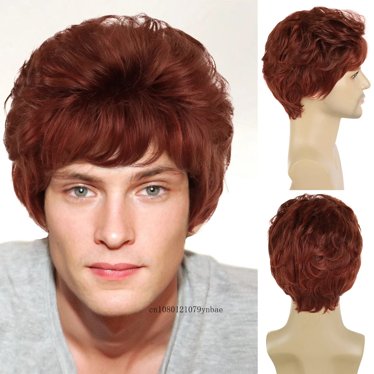 

Synthetic Hair Auburn Wig with Bangs Short Curly Wigs for Men Red Copper Brown Natural Hairstyles Cosplay Wig Costume Party