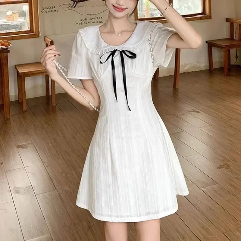 Mode Peter Pan Kraag Mini Jurk Dameskleding Zoete Strik Trekkoord Zomer Effen Kleur Elegante A-lijn Taille Jurken