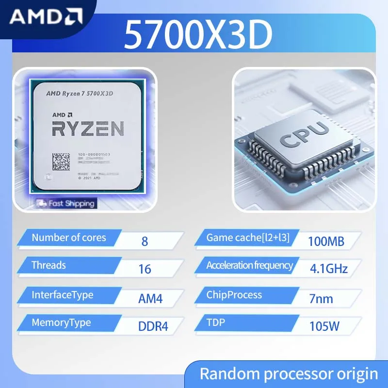 AMD Ryzen 7 5700X3D CPU R7 5700X3D 8-Core 16-Thread 3.0GHz--4.1 GHz AM4 Socket CPU Processor Gaming Desktop PC CPU