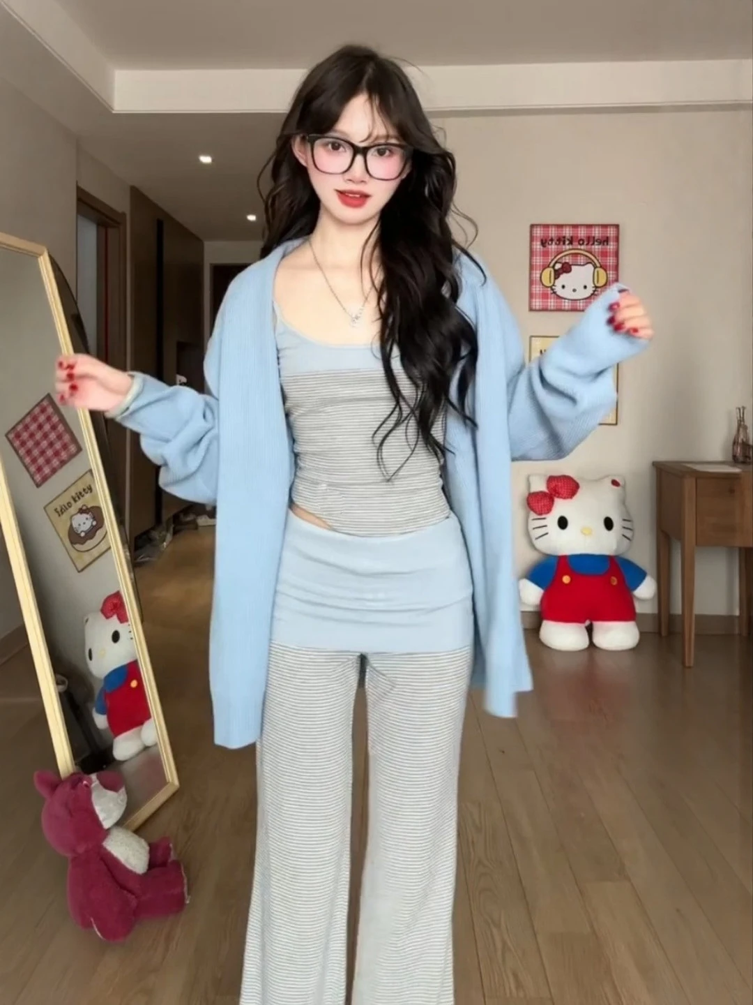 

Spring 2026 Blue Sweater Cardigan Tank Top Wide Leg Pants Three Piece Set Fashionable Breathable Comfortable Women's Ensemble