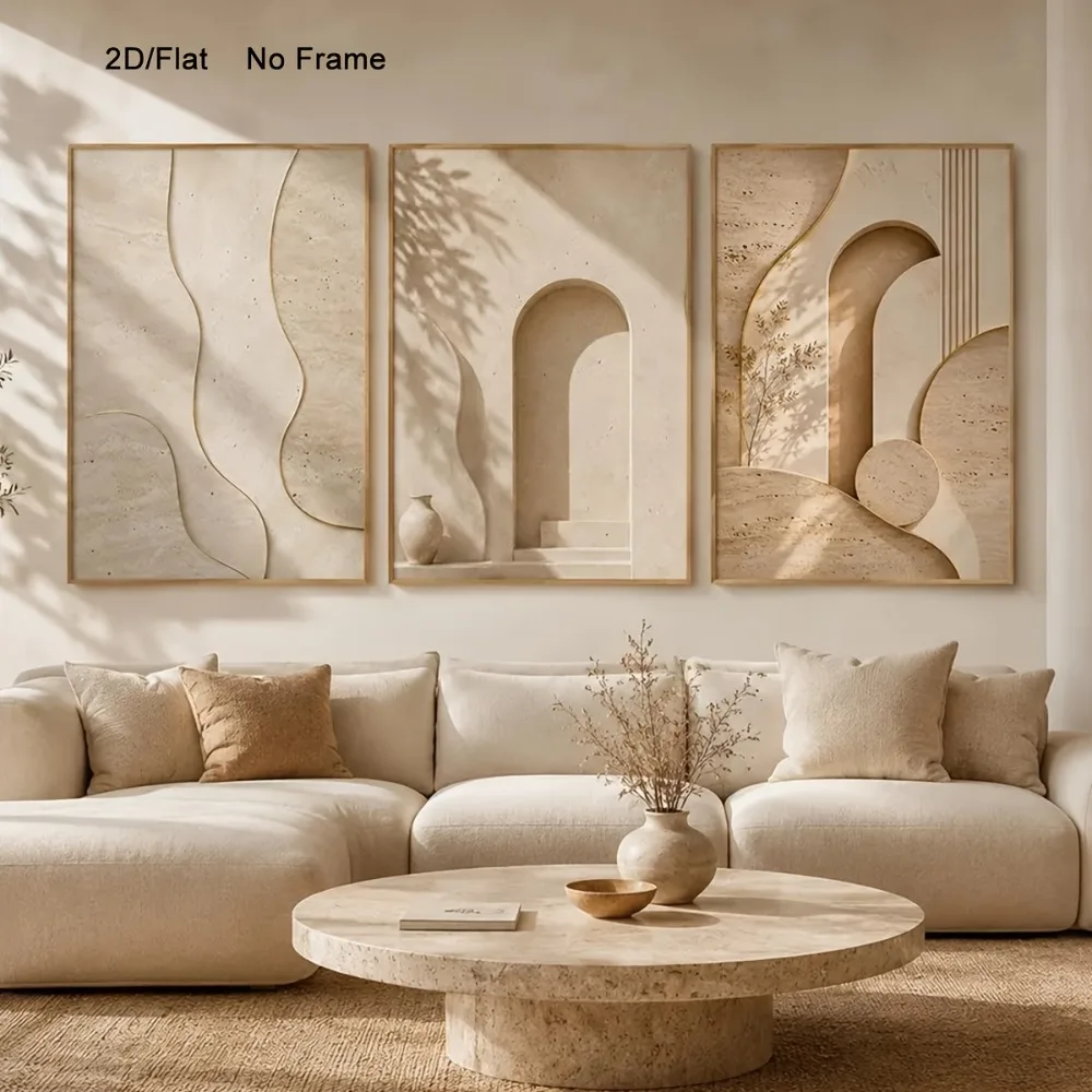 2D Flat,3pcs Frameless Minimalist Arch Wall Art,Plaster Niche Poster,Mediterranean Printing,Modern Beige Flat Poster Home Decor