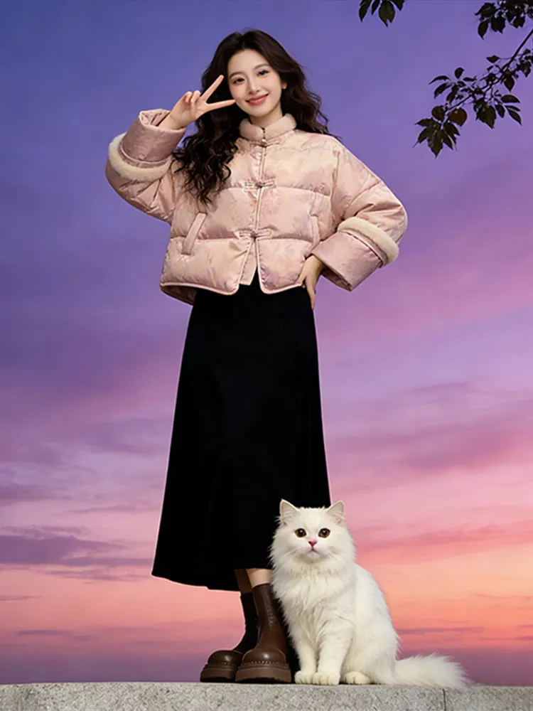 

Faionable Chinese Sle Stand Collar Cotton Jaet And Skirt Set for Women with Button Detail ort Sve Warm Thiened W...