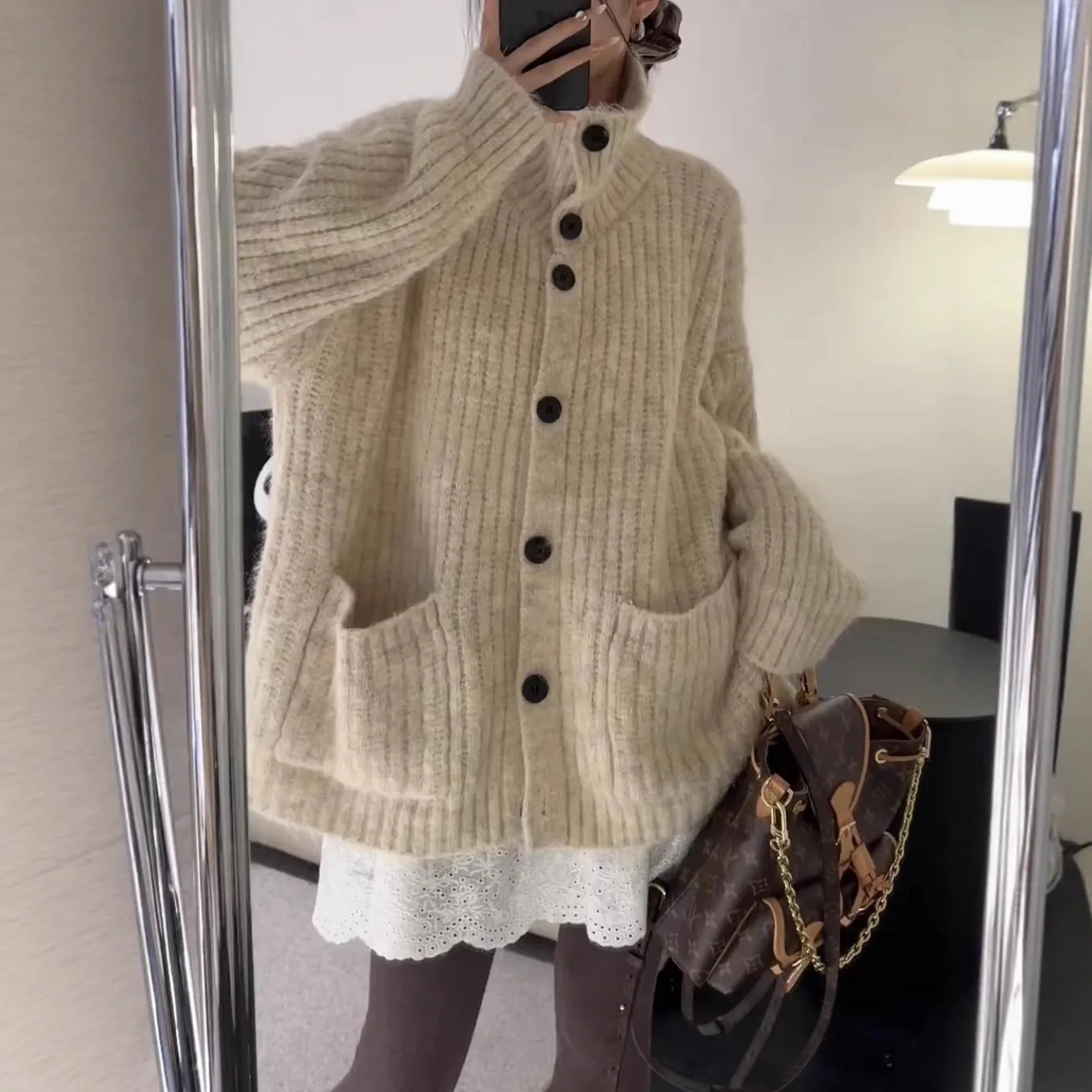 

Casual Style Stand Collar Cardigan Sweater, Loose Oversized Soft and Cozy Knitted Top Coat for Autumn and Winter.
