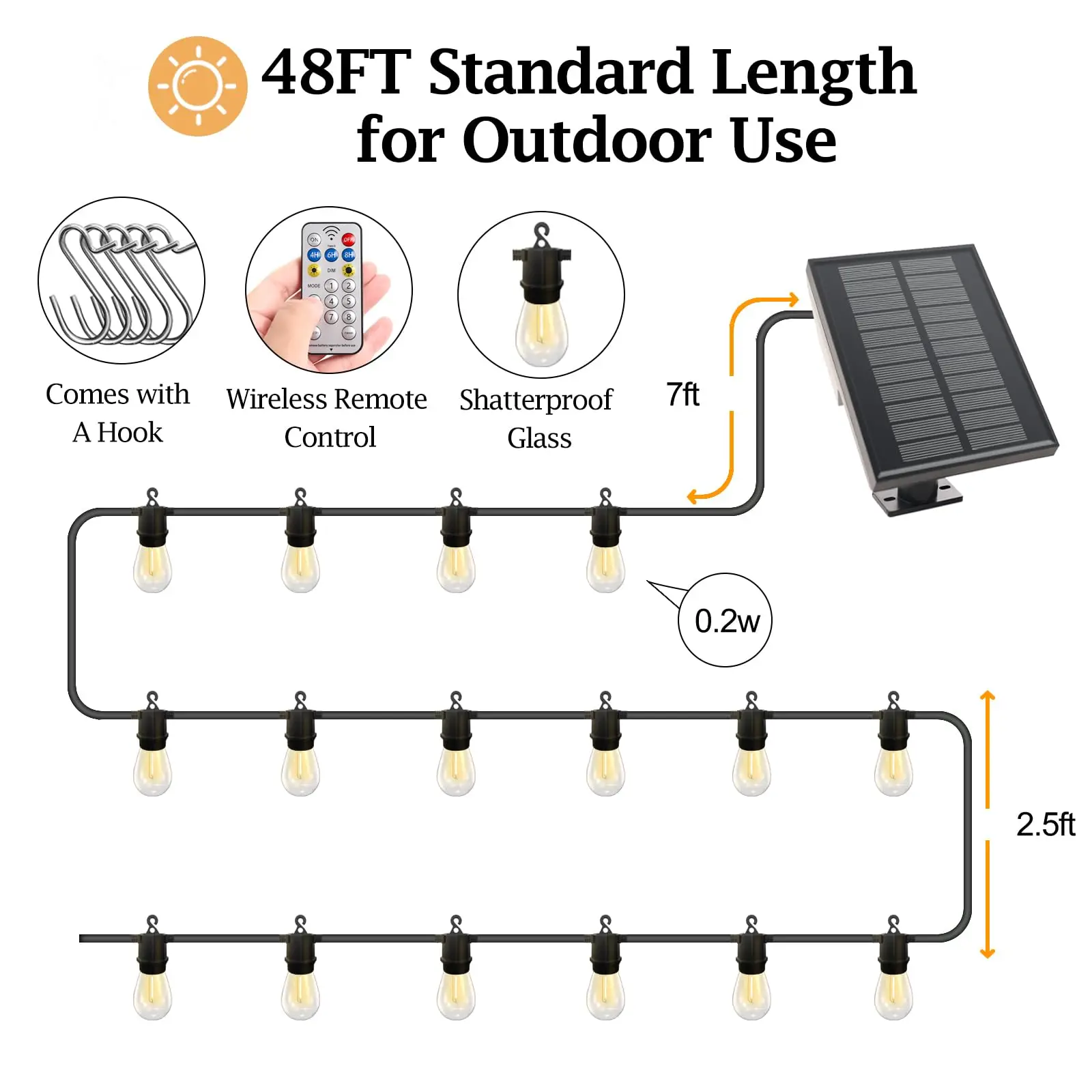 Solar Outdoor String Lights, 48FT LED Patio Lights Solar Powered for Outside IP65 Waterproof&Dimmable, Hanging Solar Lights with