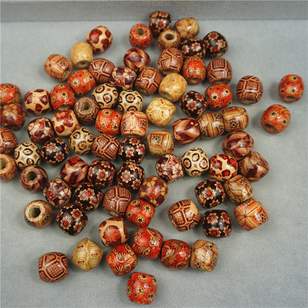 100pcs Printing Wooden Beads Spacer Round Big Hole Wood Beads For Necklace Bracelet Charms Diy Jewelry Making