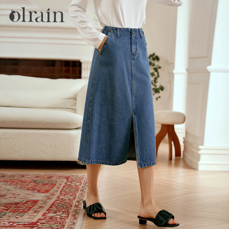 OLrain Women Straight Denim Midi Skirt 2026 Summer New Casual Versatile Front Slit High Waist A-line Half Skirt O24QB92922