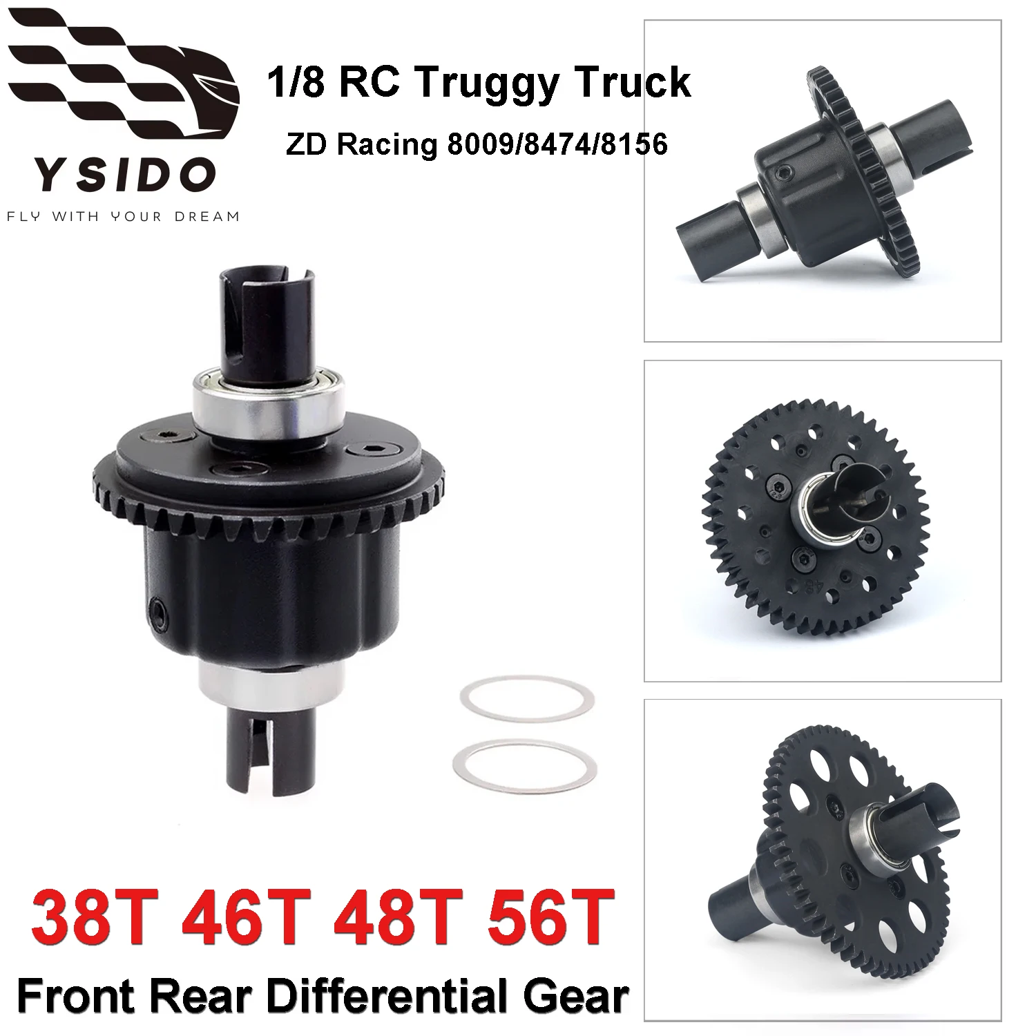 YSIDO Metall-Stahl 38T 46T 48T 56T Vorder- und Hinterdifferentialgetriebe-Set für 1/8 ZD Racing 8009 SCT Kyosho RC Buggy Monster Truck Autos