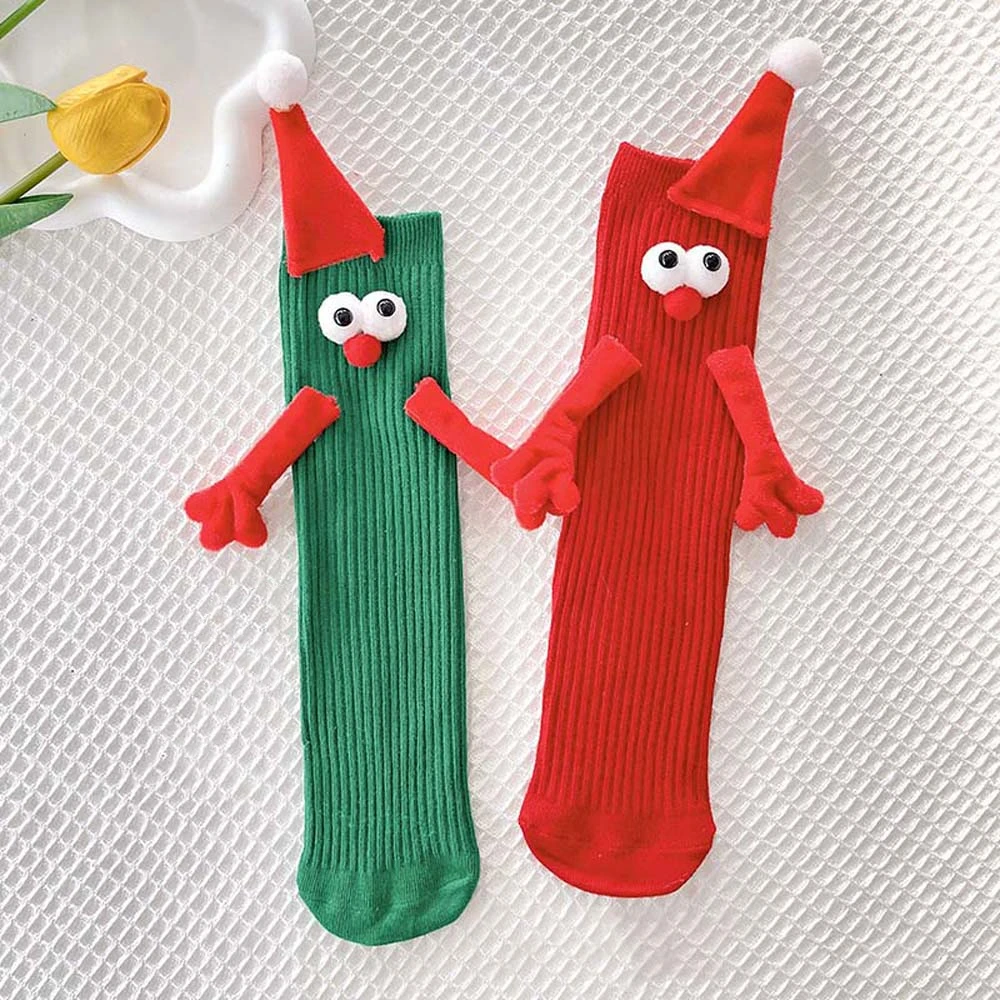 With Hands Christmas Magnetic Stocking Breathable Sweat Absorbent Long Tube Hose Socks Cotton New Year Gifts Cartoon Xmas Socks