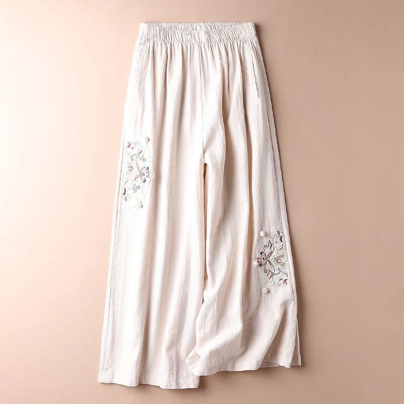 Vintage Folk Summer Cotton Hemp Thin Style Embroidery Women\'s Elastic Waist Frog Casual Loose Wide Leg Ankle Length Pants