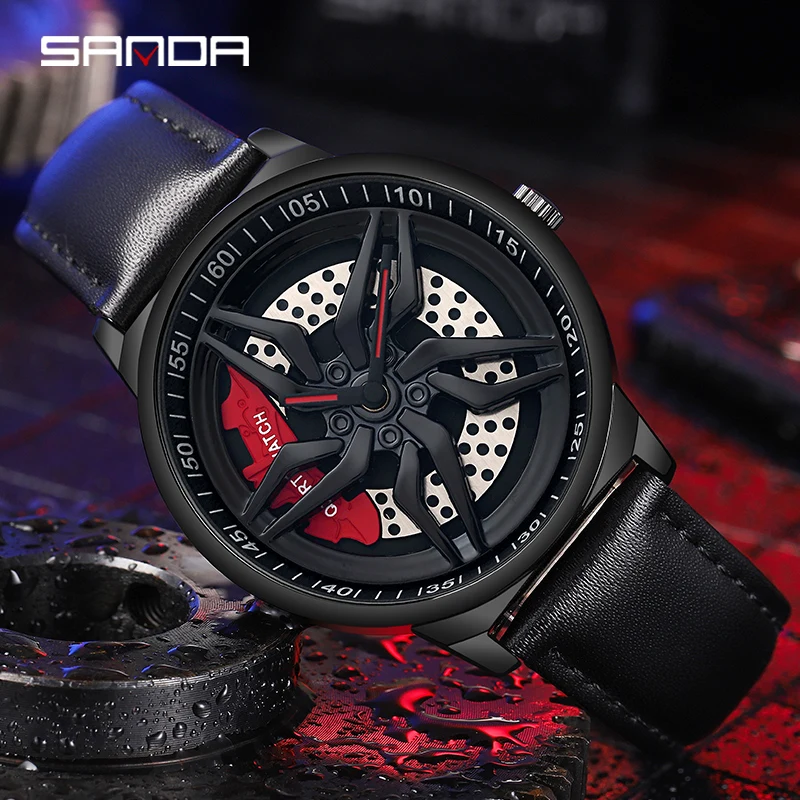 SANDA P1062 Original Leather 3D Watches Rim Watch Hub Custom Design Sports Waterproof Creative Male Clock Mens Wheel Wristwatch