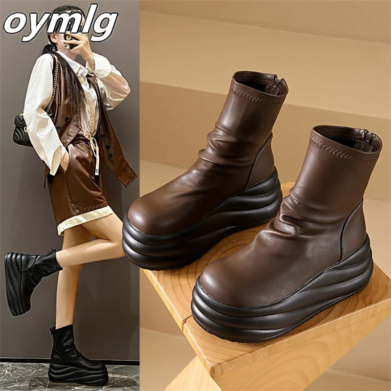 Thick soled boots for women, 2024 new versatile slim elastic boots, soft leather explosive street short boots for women