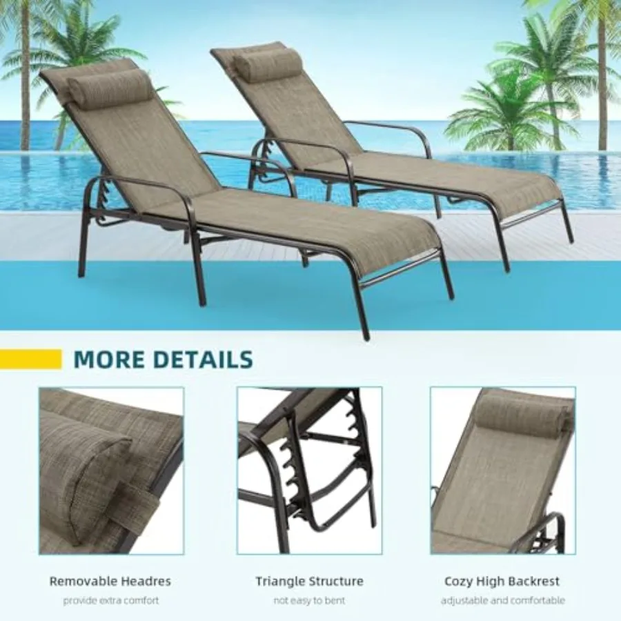 Patio Lounge Chairs Set of 2, All-Weather Waterproof Upgraded Outdoor Pool Chaise Lounge Chairs with Adjustable Backrest for Be view 5