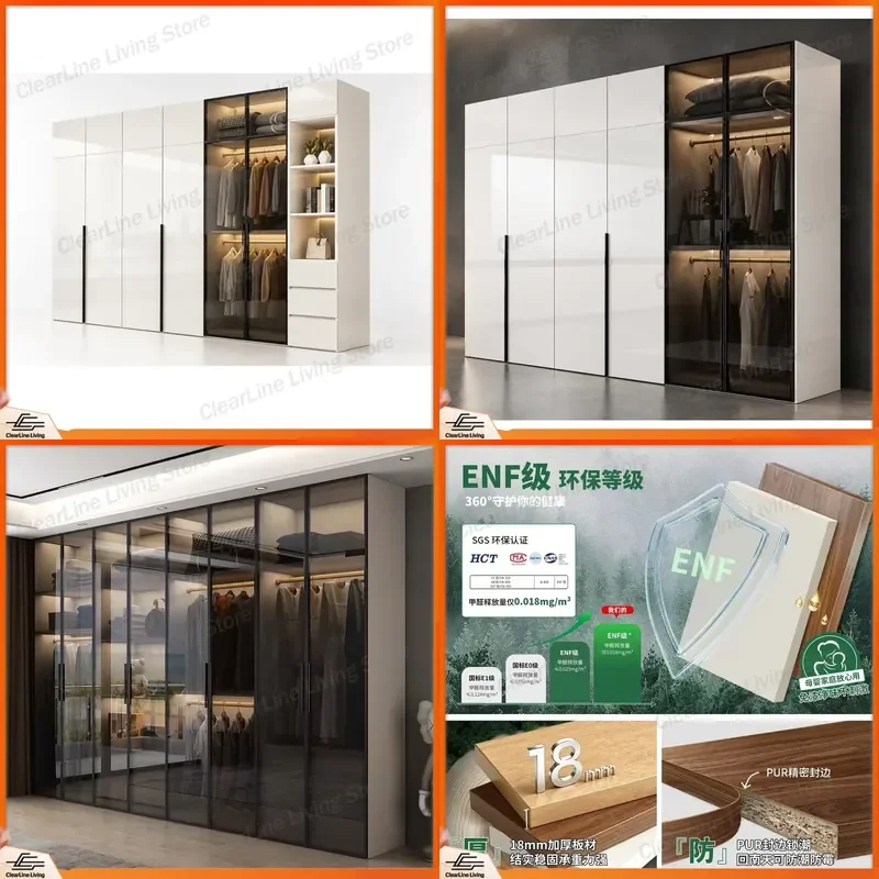 for Light Luxury ENF Grade Solid Wood Wardrobe Household Bedroom Living Room Paint Cabinet Five or Six Doors Economical