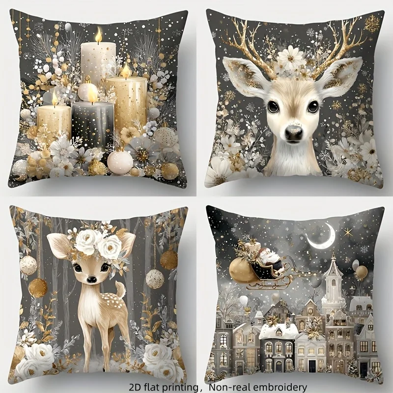 

Christmas Pillow Covers Set of 4 – Oil Painting Deer & Gold Snowy Cedar, Festive Holiday Cushion Covers