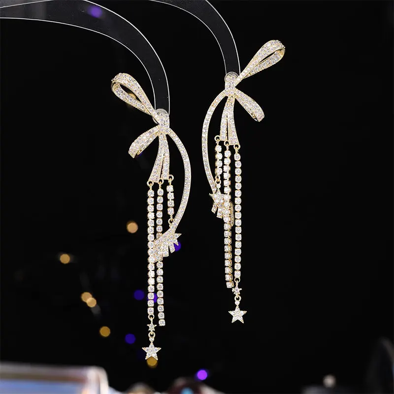 Shiny Rhinestone Inlaid Bowknot Tassel Dangle Earrings For Women Luxury Long Star Pendant Drop Earrings Gold Silver Color Exagge
