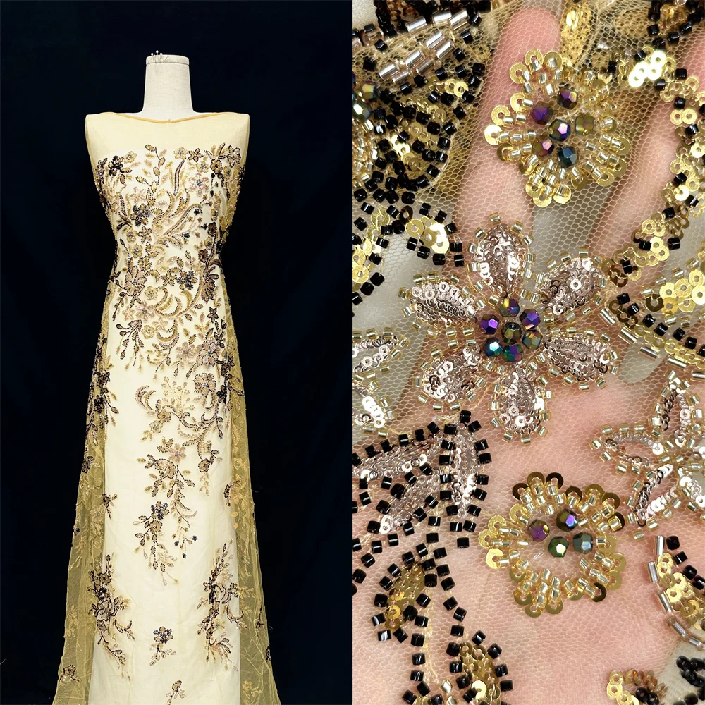 

2025 Luxury French Mesh Embroidery Beaded Lace Fabric African Nigerian Sequins Lace Fabric For Wedding Dresses Sewing Material