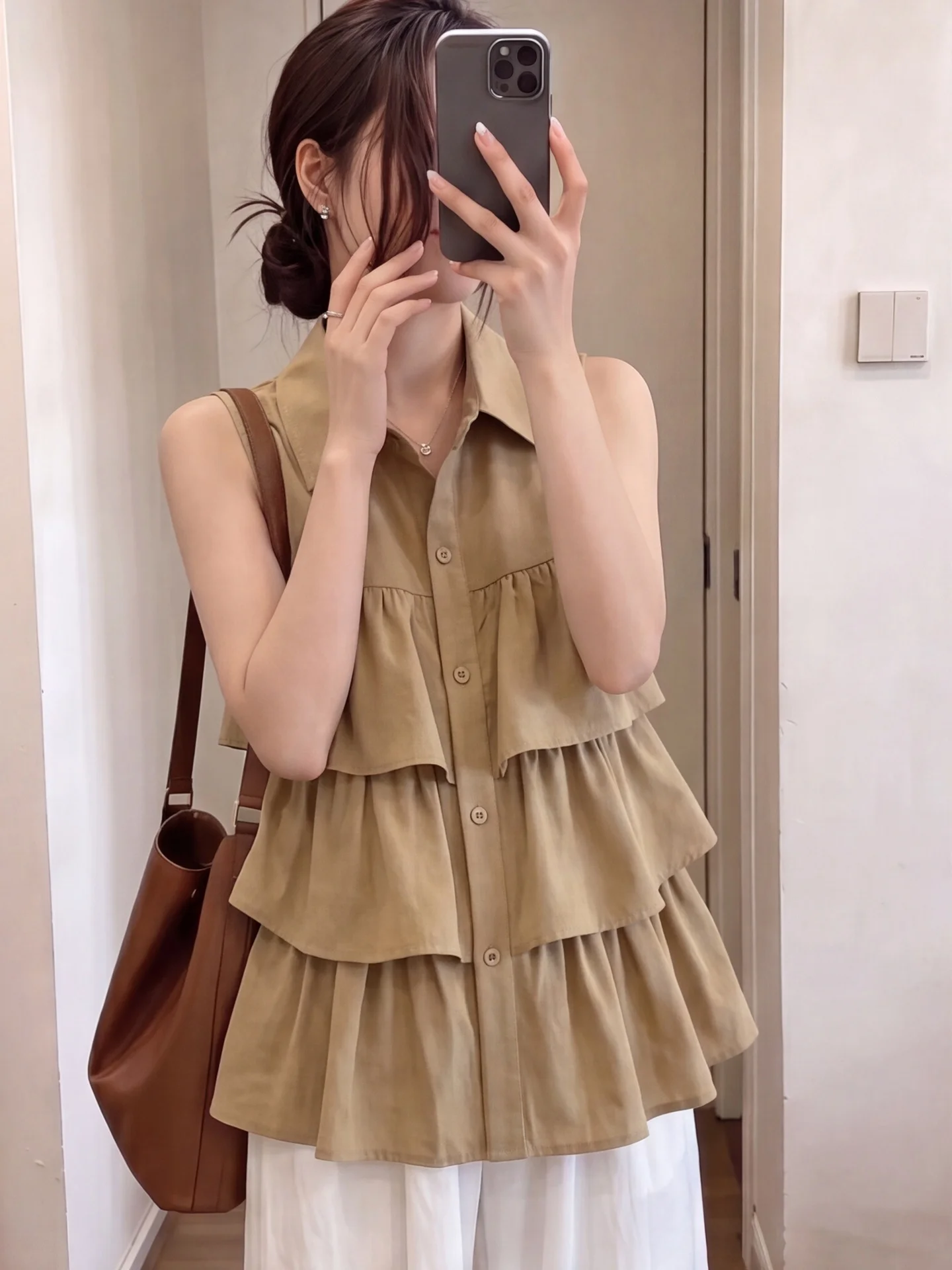 

Korean Style Collar Vest Shirt Women Summer Thin Loose Slimming Turn-down Collar Sleeveless Shoulder Pad Top