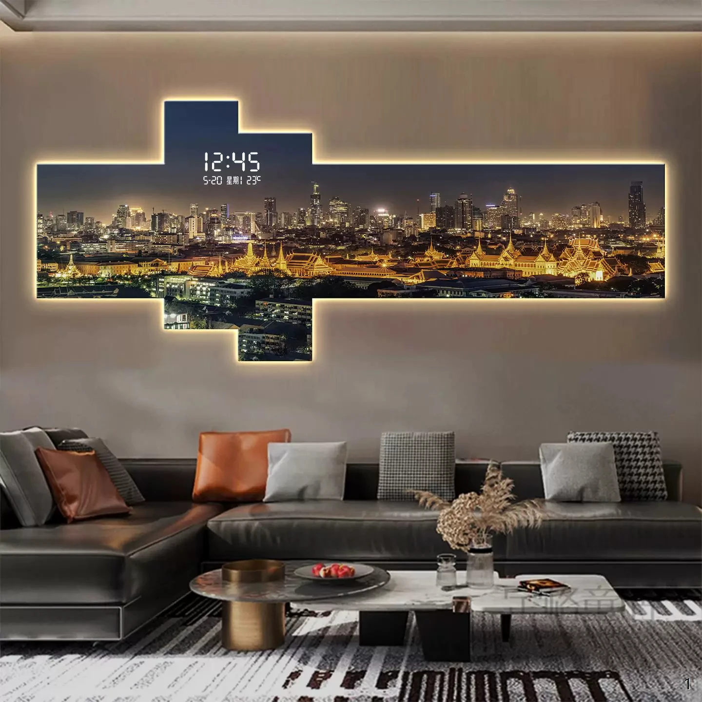 Modern minimalist urban night scene decoration painting, living room sofa background wall hanging painting, digital display LED