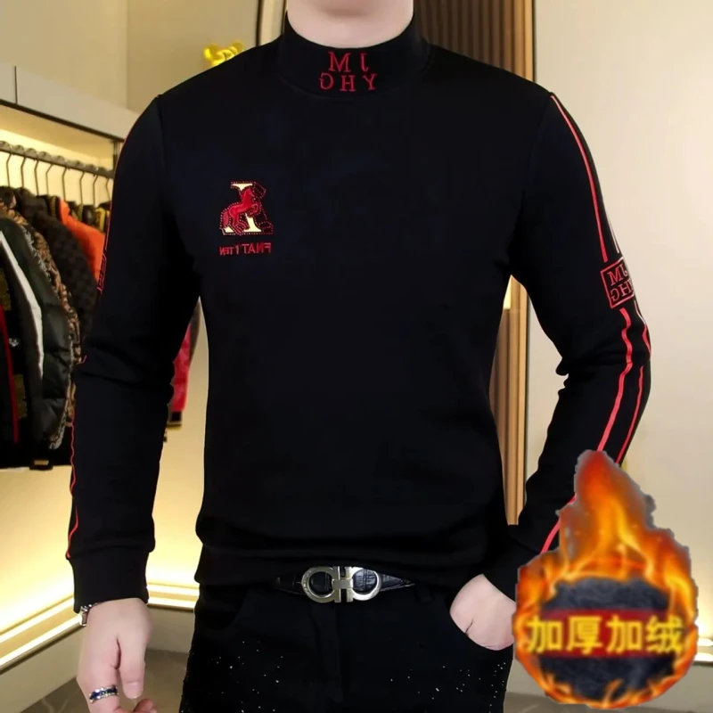 Winter Men's Semi High Neck Long Sleeved T-shirt Double-sided Velvet Thick Warm Tshirts Slim Casual Business Social Base Shirt