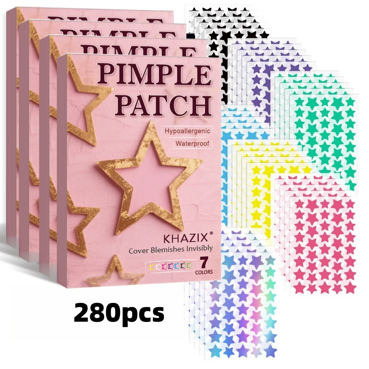 

280pcs Facial Star Pimple Patches in Multiple Sizes, Colorful, Invisible, Breathable, Concealing Blemishes.