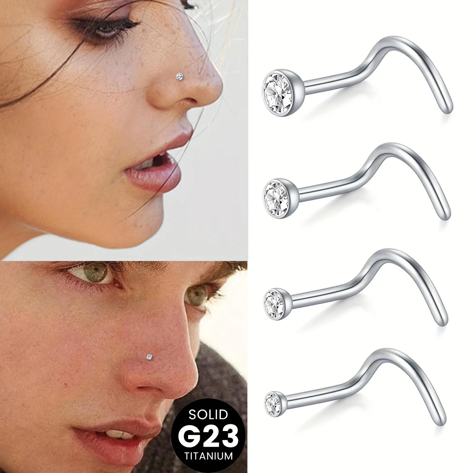 4pc G23 Titanium Alloy Nose Stud, Nose Ring, Nose Piercing, Hypoallergenic Nose Stud, Women's Jewelry, Multiple Size Combination