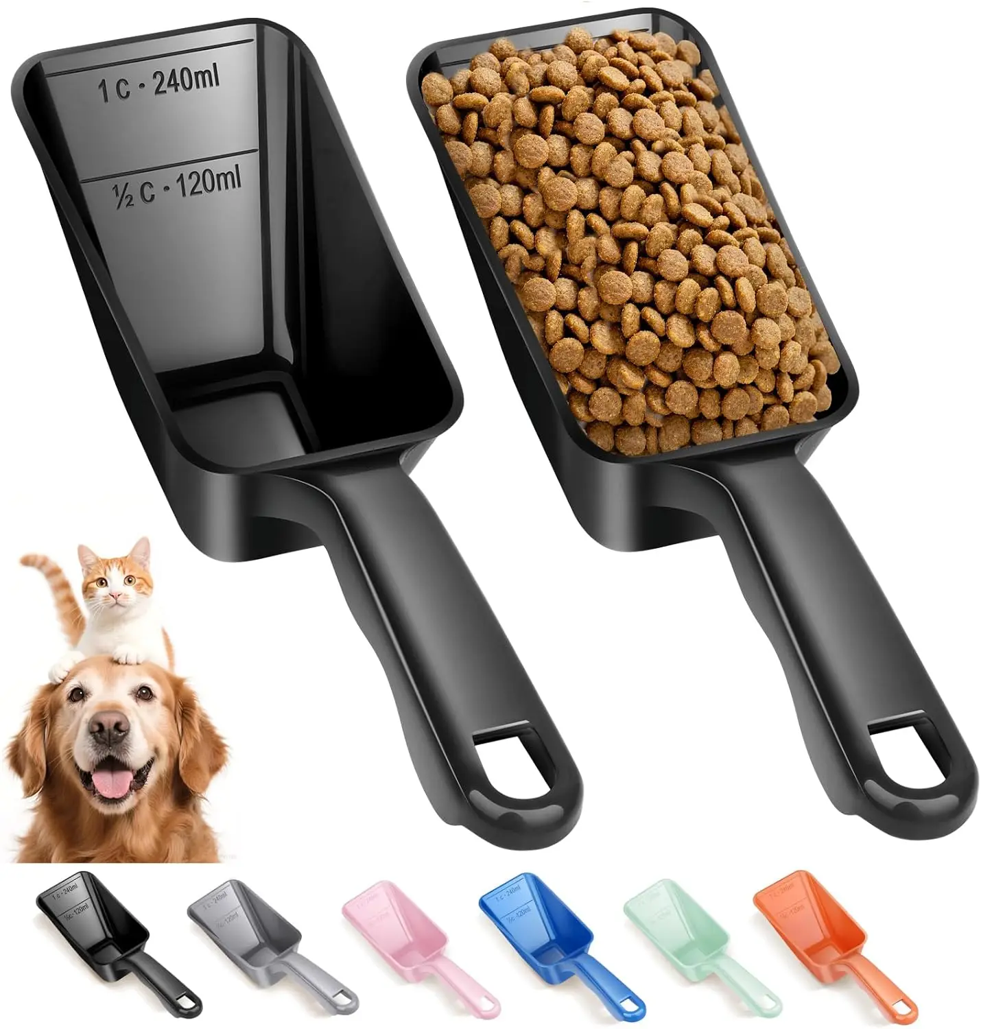 2-Pack Pet Food Measuring Scoop with 1/2 & 1 Cup Markings for Dogs, Cats, Fish, Bird
