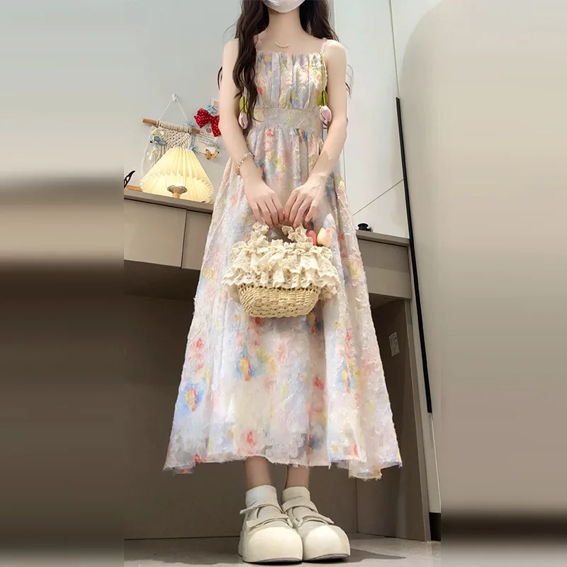 

Платье с цветочным принтом на подтяжках во французском стиле для девочек, летняя одежда, новый стиль 2025 года, длинное платье на талии в морском праздничном стиле