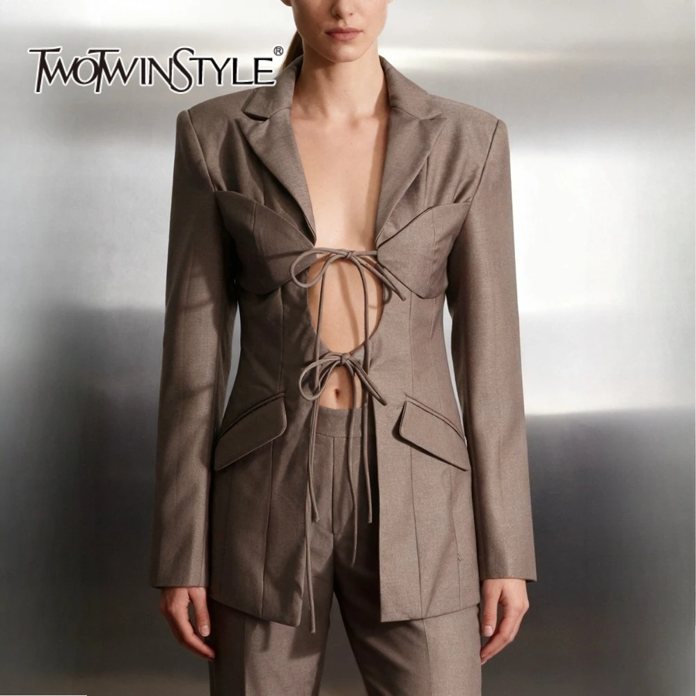 

TWOTWINSTYLE однотонные утягивающие элегантные пиджаки на шнуровке для женщин, туника с длинными рукавами и лацканами, модный женский пиджак