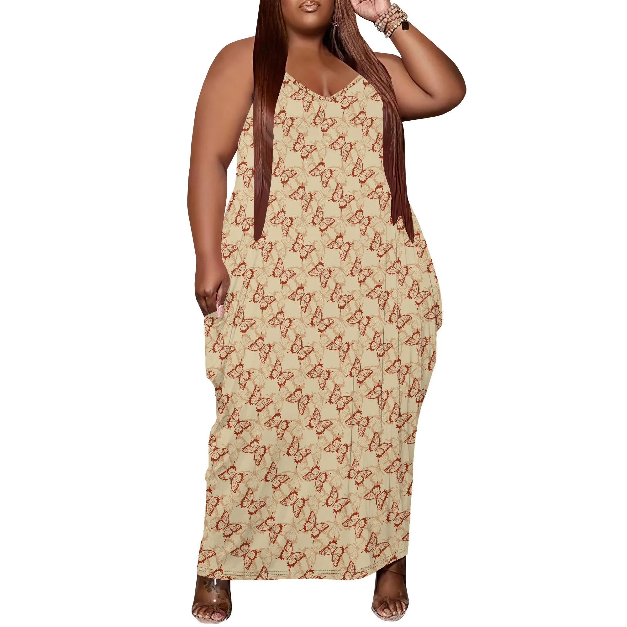 

Women's Plus Size Dress Loose Strap Maxi Dress with Pocket Breathable Bohemian Butterfly Print XL-6XL​