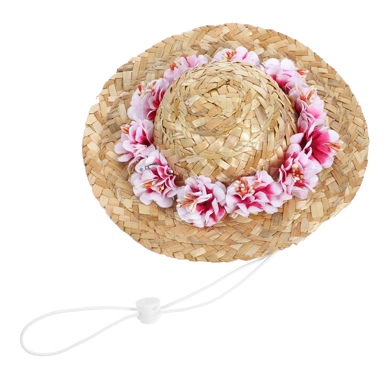 

Dog Straw Hat Flower Decoration Woven Pet Sun Hat Summer Party Photo Costume Accessory Adjustable Chin Strap Fits Most Dogs Size