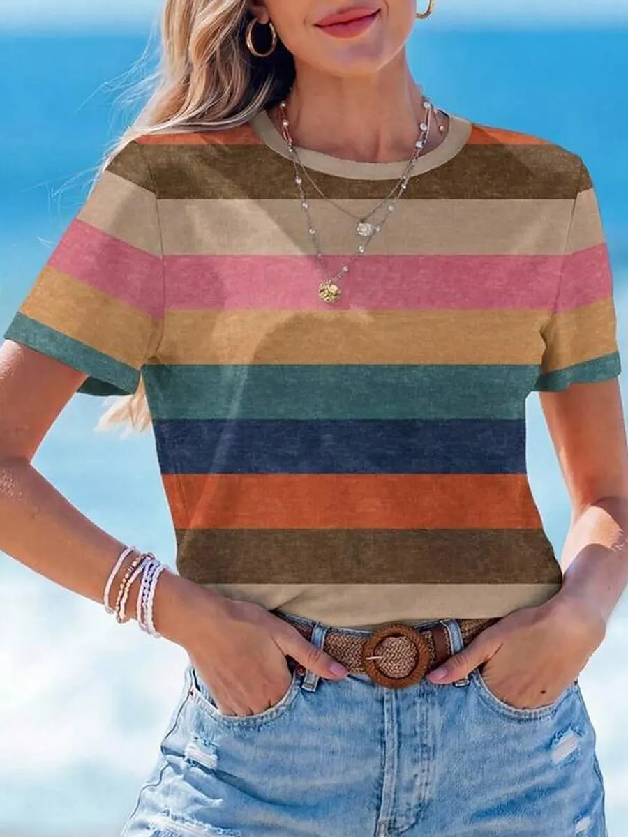 Camiseta Vintage a Rayas Geométricas para Mujer, Cuello Redondo, Manga Corta, Azul, Rosa, Camel, Informal, para Uso Diario en Primavera y Verano