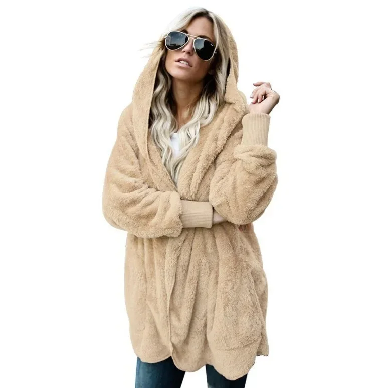 Winter Doppel Fleece Strickjacke Jacke Herbst Frauen Einfarbig Langarm Plüsch Warme Mit Kapuze Dame Jacke Übergroßen Oberbekleidung Mantel – Detail 3
