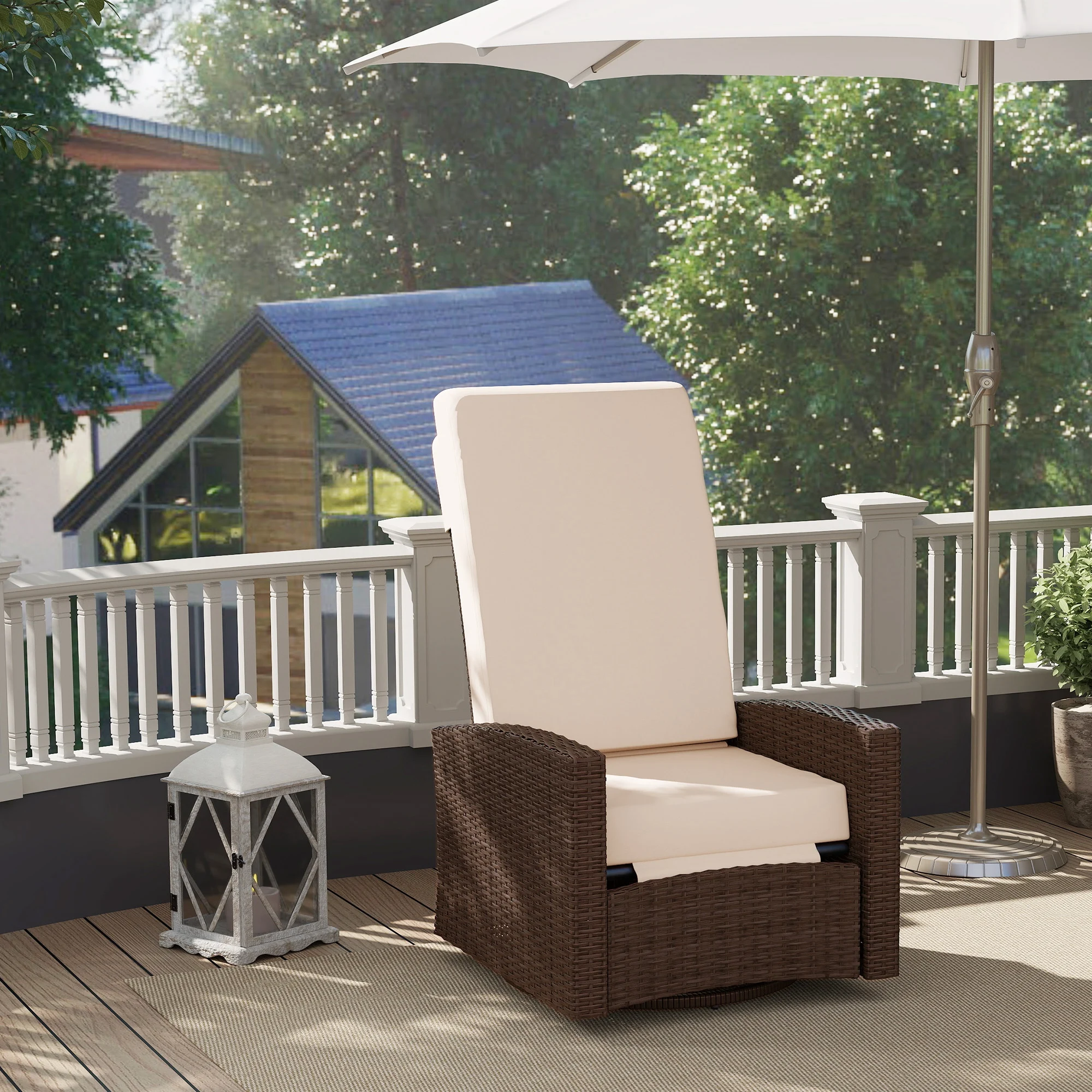 Outdoor Wicker Swivel Recliner Chair, Lifting Footrest, 360° Rotating Basic, Water-resistant Cushions, Cream White