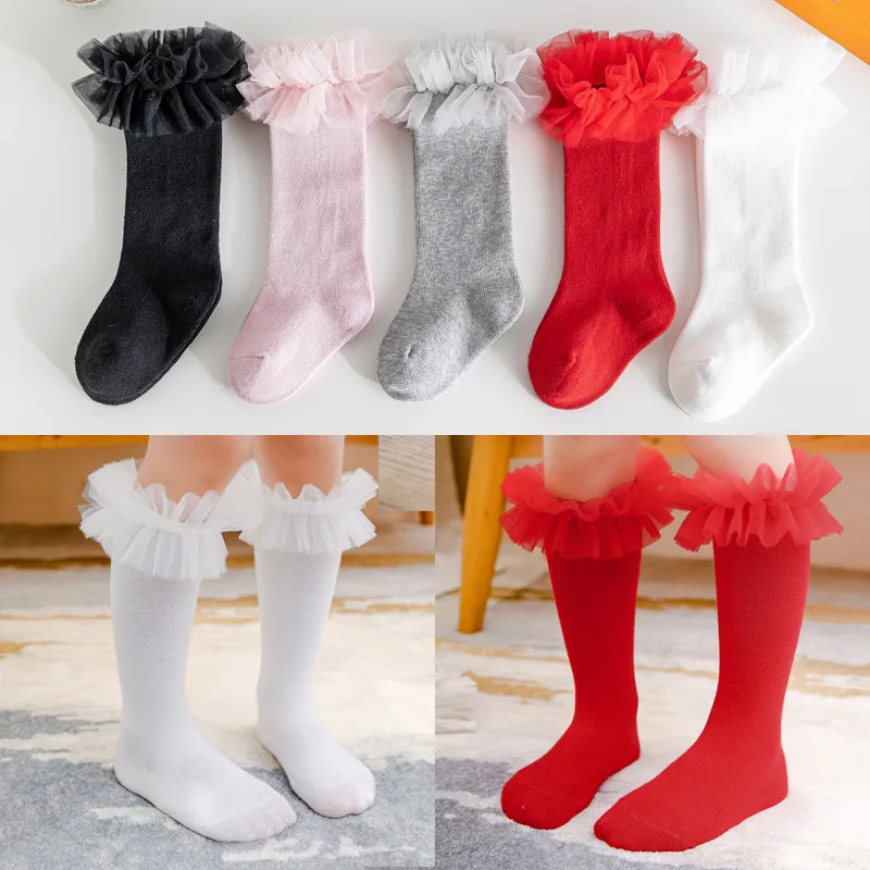 Autumn Winter Baby Girls Socks Toddlers Children Knee High Socks Soft Cotton Ruffle Mesh Lace Flower Kids Sock Tube Calcetines