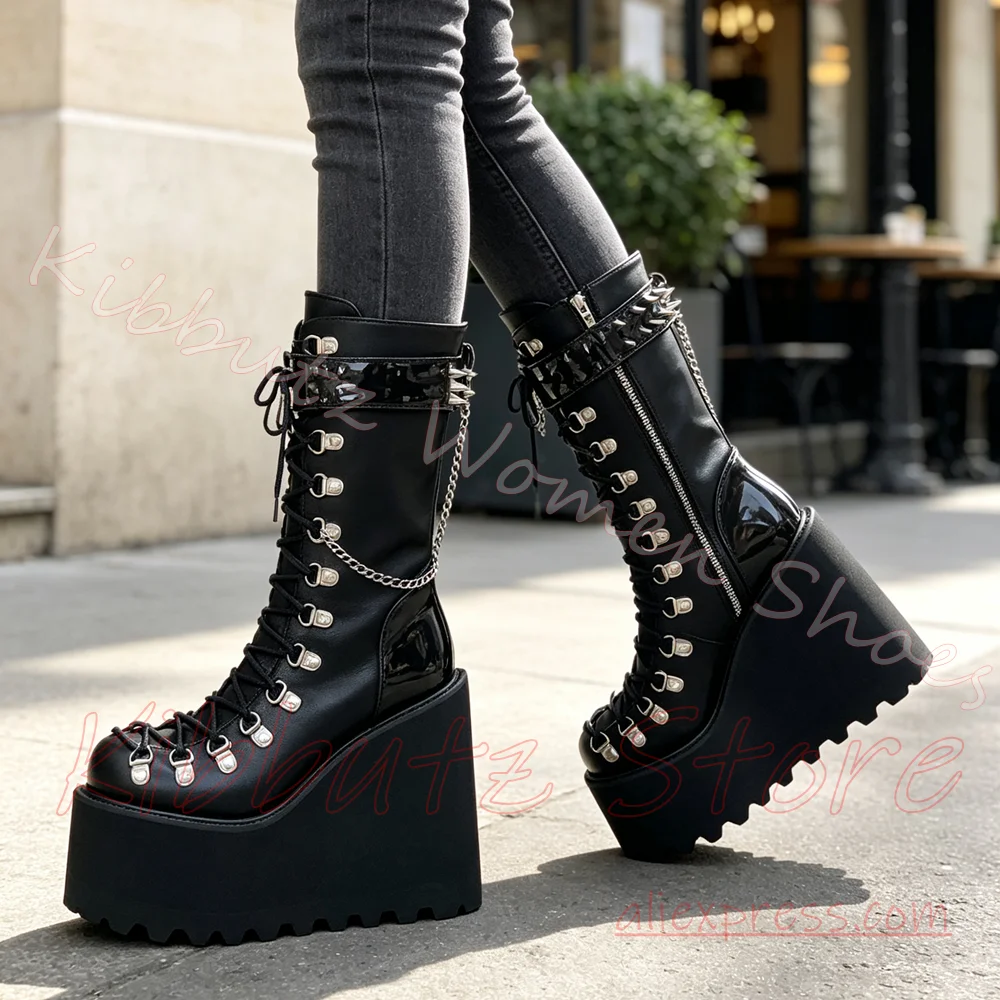 Platform Wedge Ankle Boot Women Spike Rivet Chain Strap Lace Up Side Zipper Punk Goth Alt Shoes Leather Solid Color Sexy Elegant