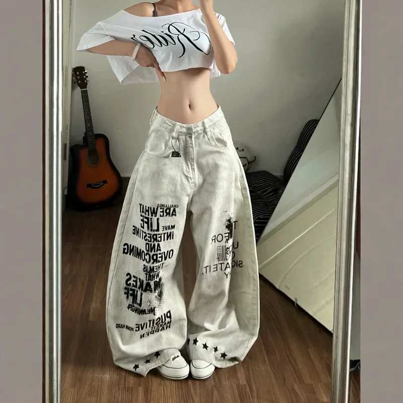 Personalized Graffiti Letter Women's Jeans Heavy Industry Smudge Fashion Spice Style Retro Old Wide Leg Design Loose Trousers