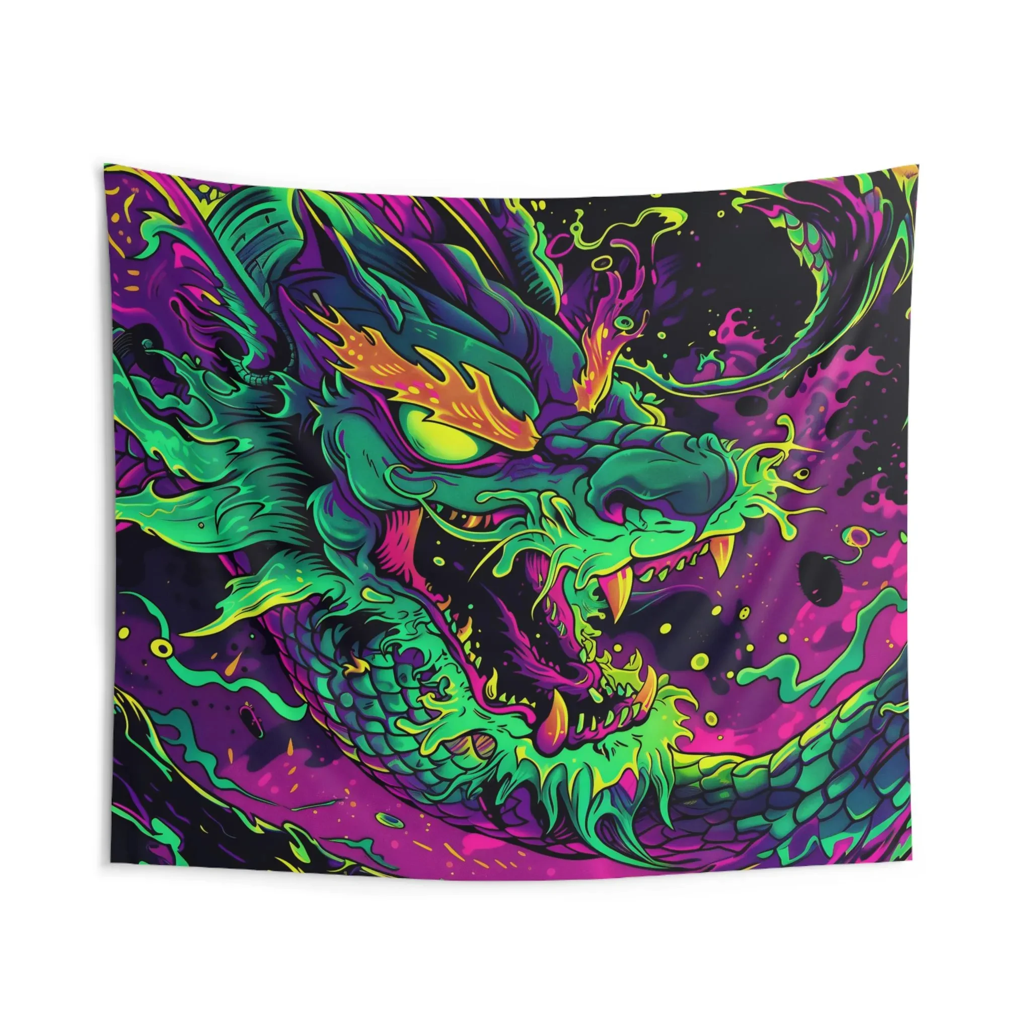 Wilder Neon-Drachen-Wandteppich, Rad 90er-Jahre-Wandkunst, lebendige lila und grüne Wandbehang, Graffiti-Dekor im Cyberpunk-Stil, urbane Pop-Art