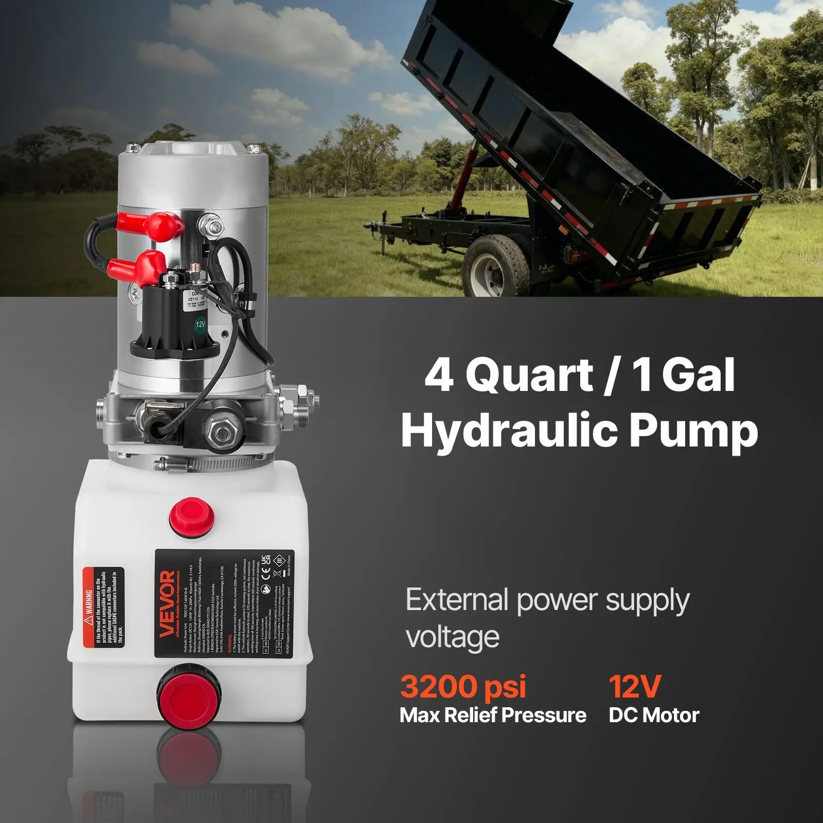 

4 Quart Hydraulic Power Unit, Single Acting Dump Trailer Pump, 3200 PSI Max Relief Pressure & 0.91 GPM Flow Rate, DC 12V