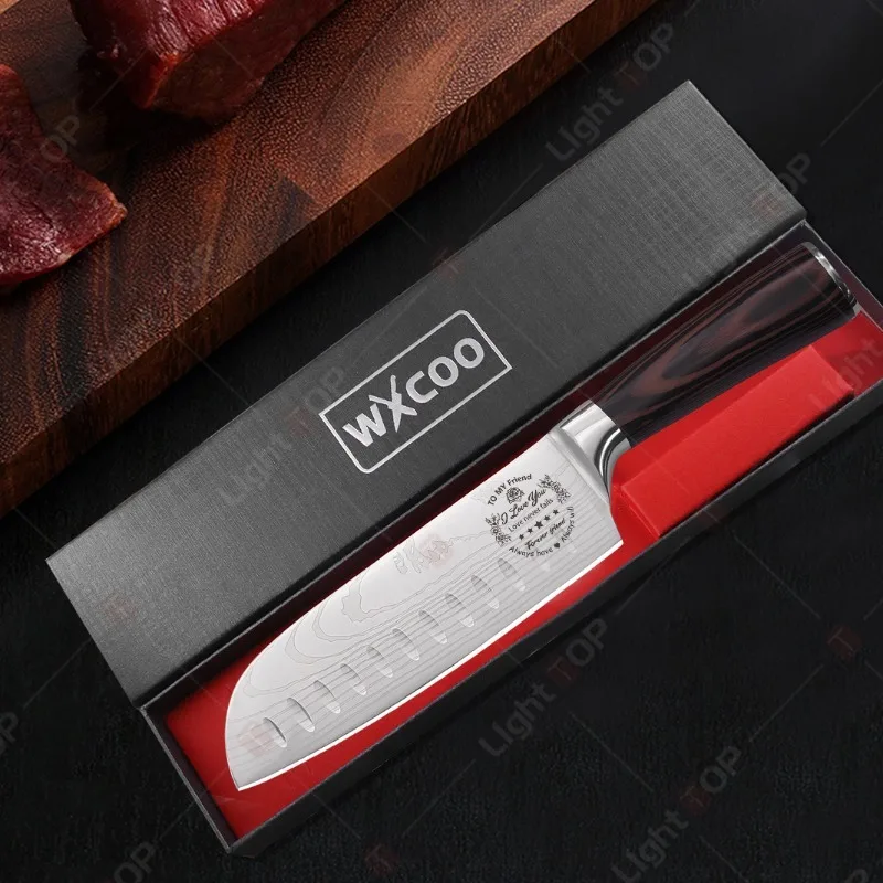WXCOO Professionelle Küchenmesser Laser Damaskus Japanisches Santoku Hackmesser Edelstahl Kochmesser mit Geschenkbox